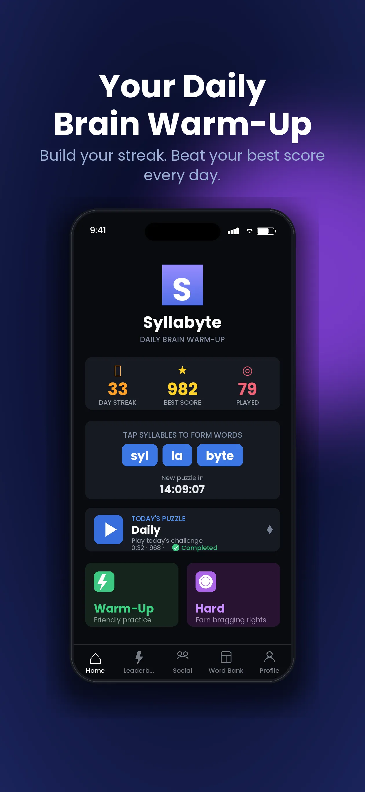 Syllabyte's home screen with day streak, best score, Today's Puzzle and the Warm-Up and Hard modes