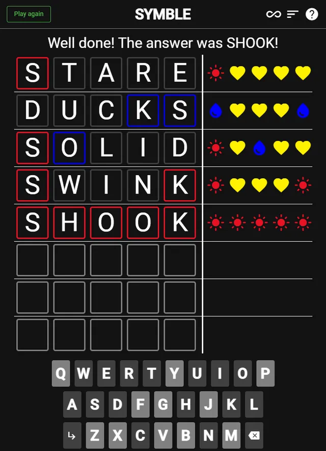 A finished Symble game: five guesses ending in SHOOK, with suns, hearts and drops beside each row