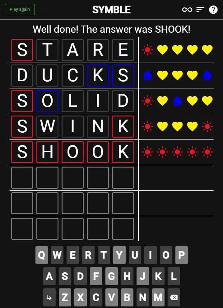 A finished Symble game: five guesses ending in SHOOK, with suns, hearts and drops beside each row