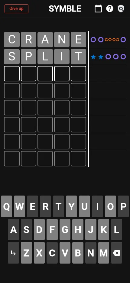 Symble at phone size: two guesses, CRANE and SPLIT, with rings, stars and infinity signs beside them above the on-screen keyboard