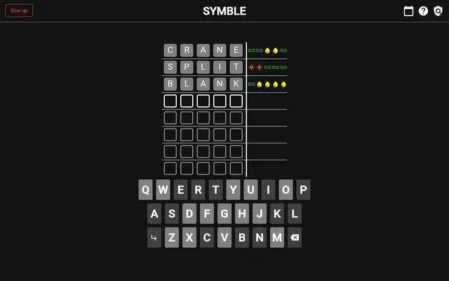 Today's Symble board on a desktop: guesses CRANE, SPLIT and BLANK, each followed by five symbols (infinity signs, suns and drops) marking the hidden word's letters