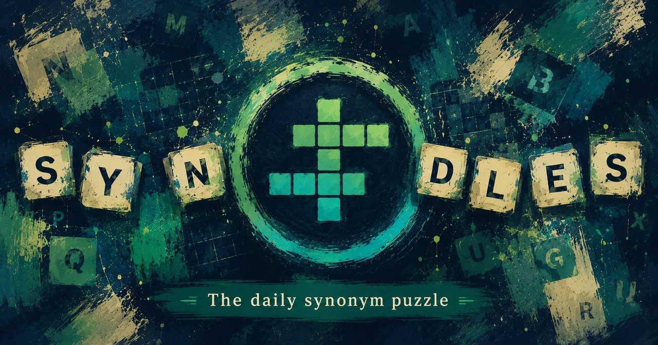 Syndles share art: the name on scattered letter tiles around a glowing crossword shape, and the line The daily synonym puzzle