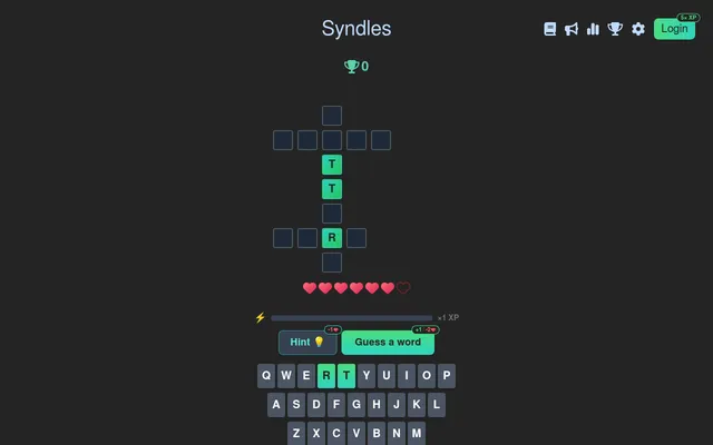 Syndles grid in play: three crossing words with the letters T, T and R revealed, a row of hearts, Hint and Guess a word buttons and a keyboard