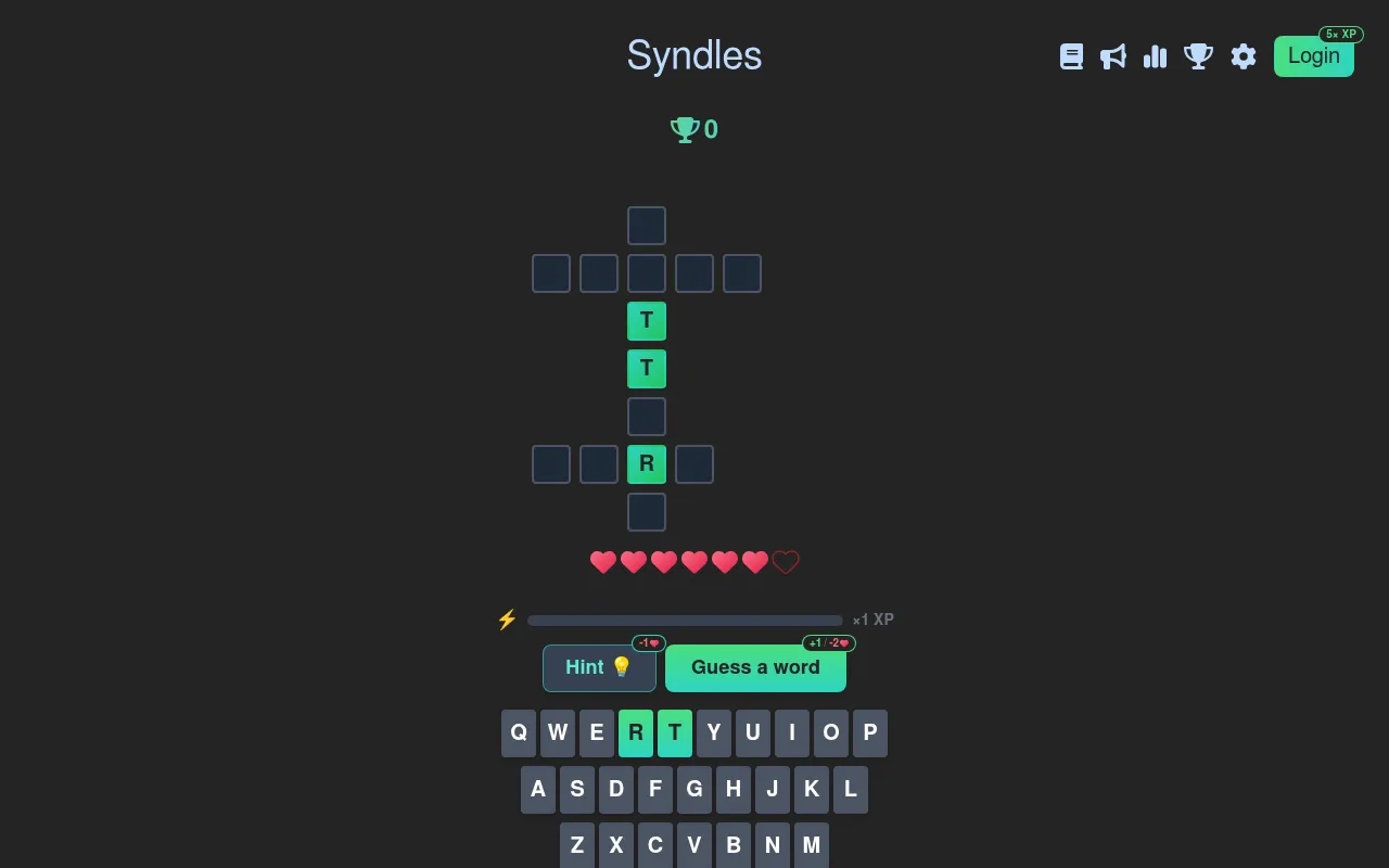 Syndles grid in play: three crossing words with the letters T, T and R revealed, a row of hearts, Hint and Guess a word buttons and a keyboard