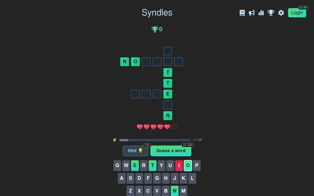 Today's Syndles grid in play: three crossing words with N, O, T, T, E and N revealed, one heart lost to a miss on I, Hint and Guess a word buttons and the keyboard