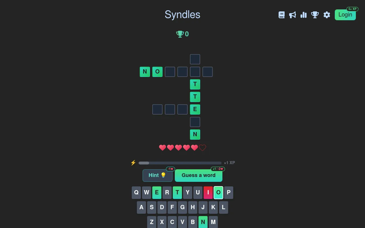 Today's Syndles grid in play: three crossing words with N, O, T, T, E and N revealed, one heart lost to a miss on I, Hint and Guess a word buttons and the keyboard