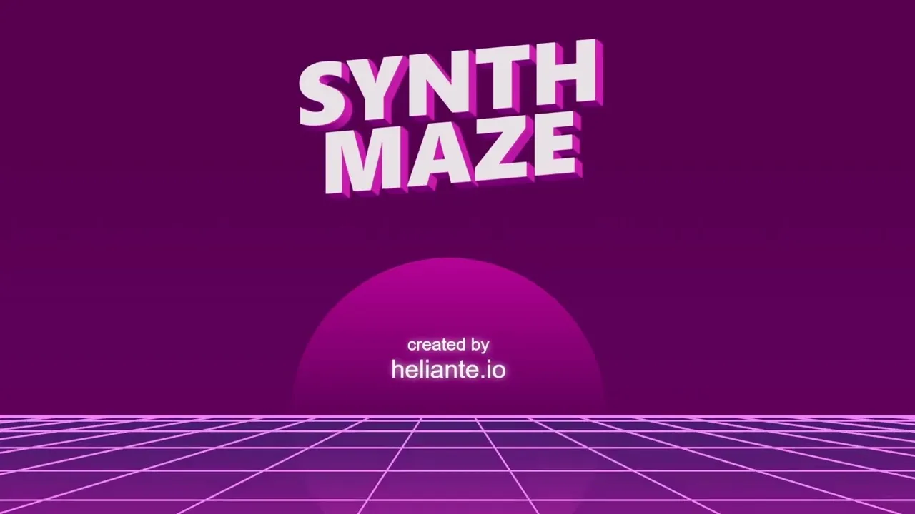 The Synthmaze title card, created by heliante.io, over a neon synthwave grid