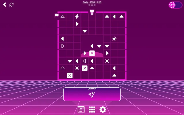 Synthmaze daily maze of 26 October 2026: nine neon panels of arrows, blocks and suns, the rocket at the top and the flag at the top left, above the Launch button