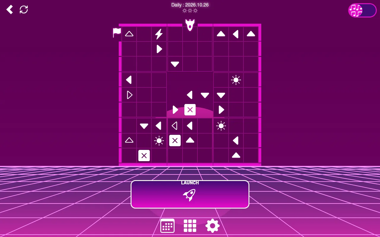 Synthmaze daily maze of 26 October 2026: nine neon panels of arrows, blocks and suns, the rocket at the top and the flag at the top left, above the Launch button