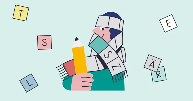 Illustration of a person in a hat and scarf patterned like a crossword grid, holding a pencil, with letter tiles around