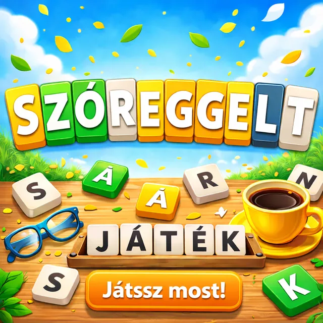 Szóreggelt splash art: the name SZÓREGGELT spelled in coloured letter tiles over a wooden table with loose tiles, the word JÁTÉK on a tile rack, glasses and a cup of coffee