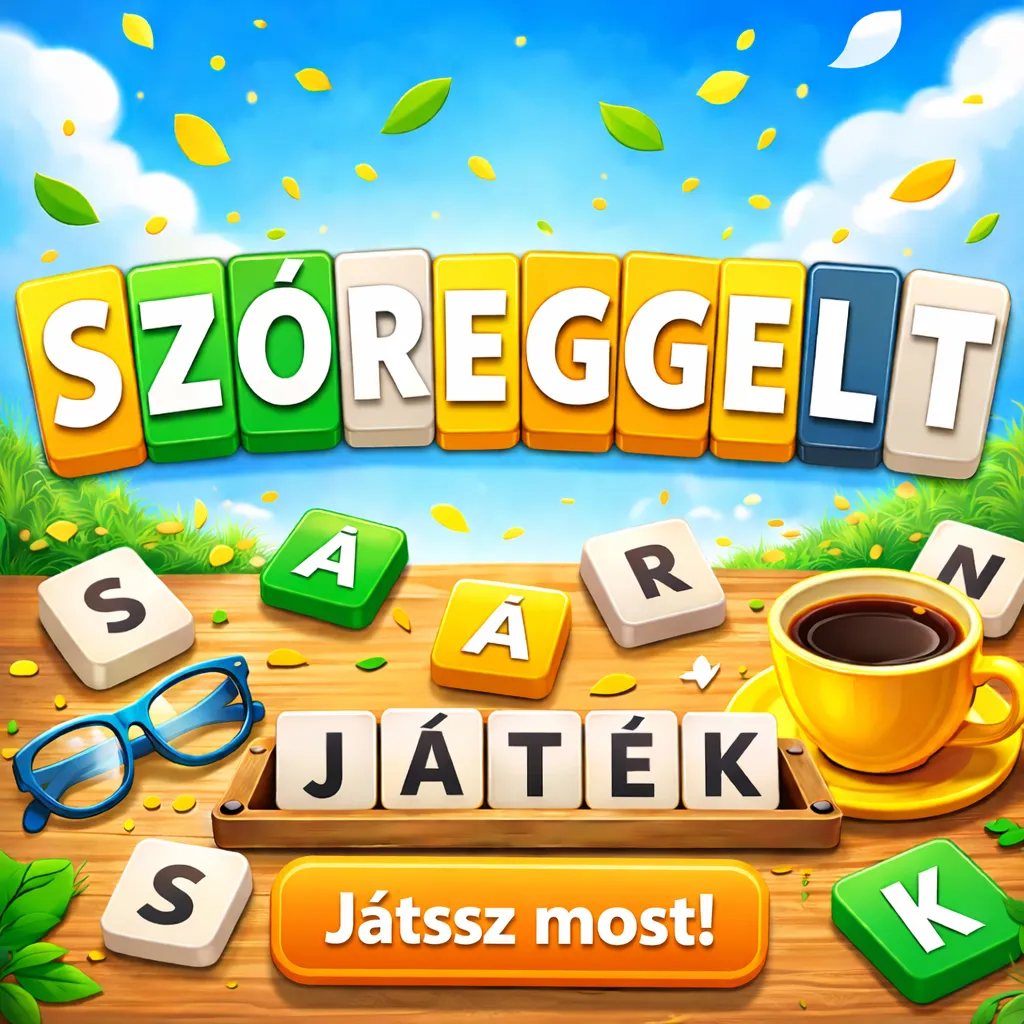 Szóreggelt splash art: the name SZÓREGGELT spelled in coloured letter tiles over a wooden table with loose tiles, the word JÁTÉK on a tile rack, glasses and a cup of coffee
