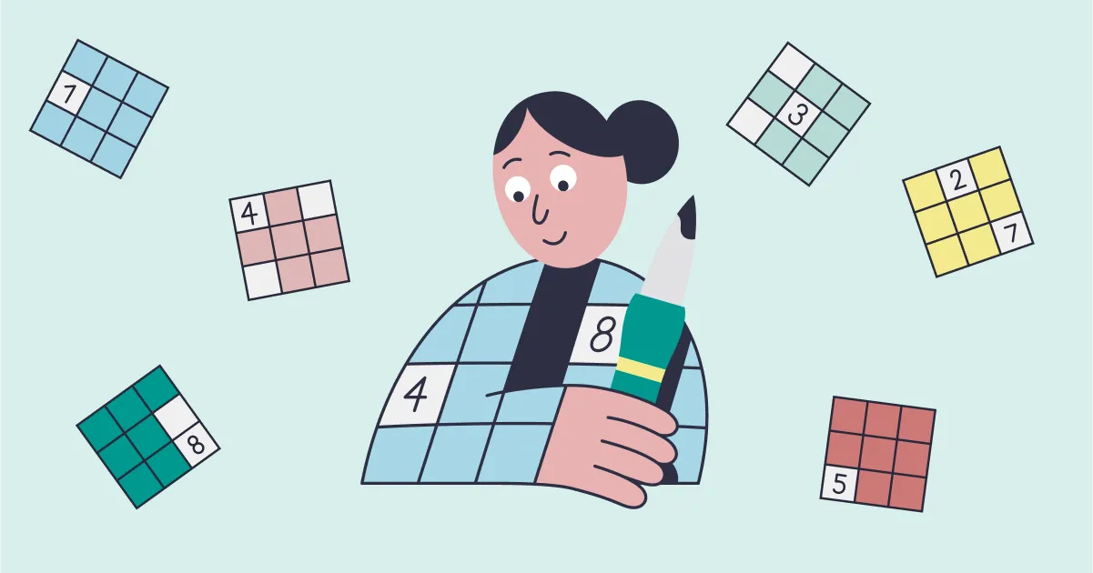 Illustration of a woman with a pen, wearing a sudoku-grid jumper, surrounded by small coloured grids with numbers