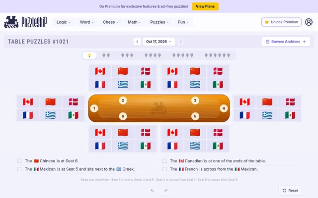 Table Puzzles #1021 for 17 Oct 2026: a six-seat wooden table ringed by flag candidates, with four seating clues below