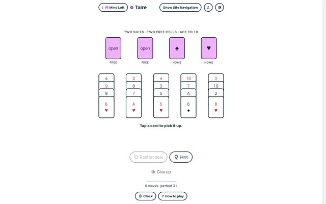 Taire on Mind Loft for October 29, 2026: twenty spade and heart cards, ace to ten, face up in five columns of four, two open free cells and empty home piles, perfect 31