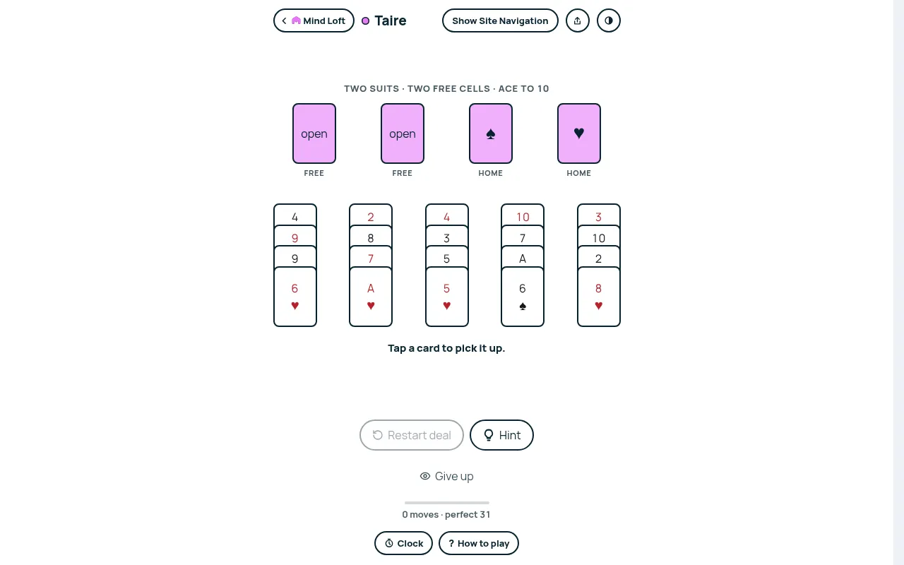 Taire on Mind Loft for October 29, 2026: twenty spade and heart cards, ace to ten, face up in five columns of four, two open free cells and empty home piles, perfect 31