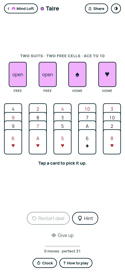 Taire at phone size on October 29, 2026: the same five columns of spades and hearts under two free cells and two home piles, with Restart deal and Hint below