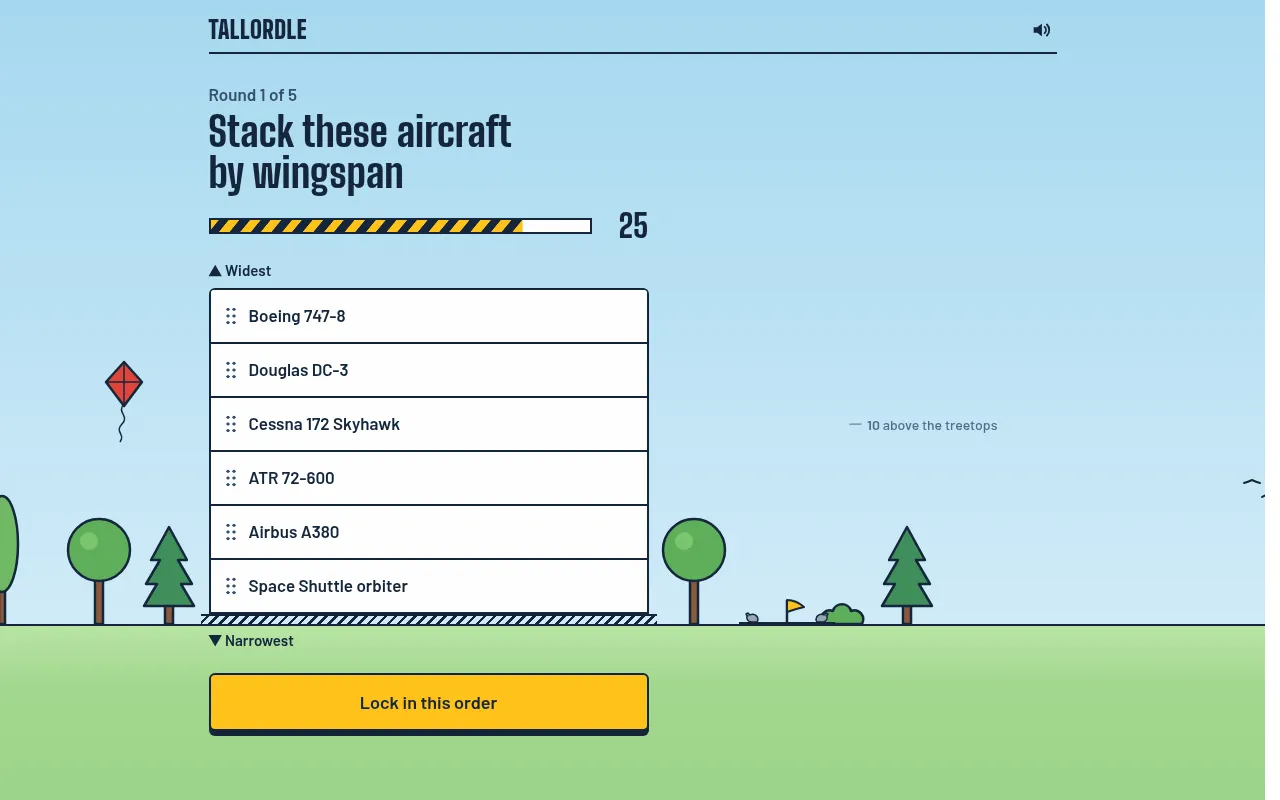 Tallordle build no. 29, round 1 of 5: stack six aircraft by wingspan, from Boeing 747-8 to Space Shuttle orbiter, with the 30-second bar and a Lock in this order button
