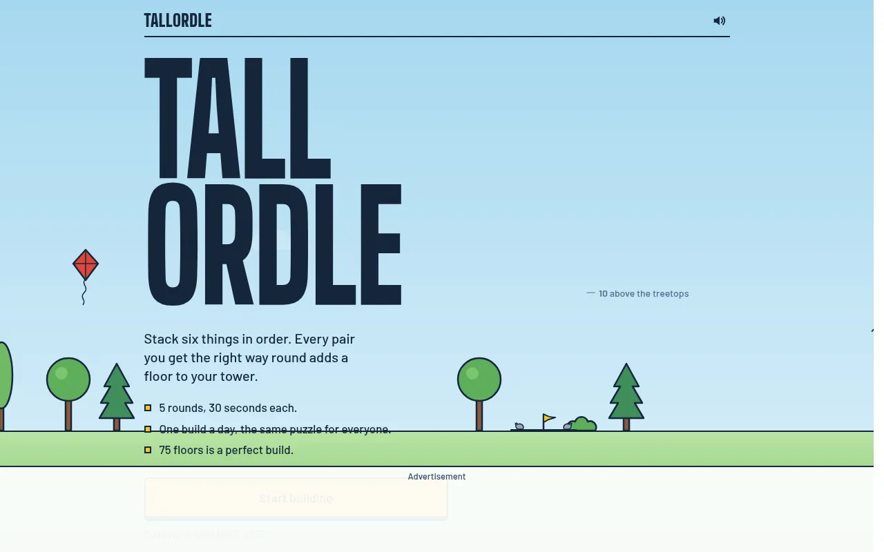 Tall Ordle's start screen: the title in tall letters over a cartoon park with trees and a kite, and the rules of five rounds, 30 seconds each, one build a day