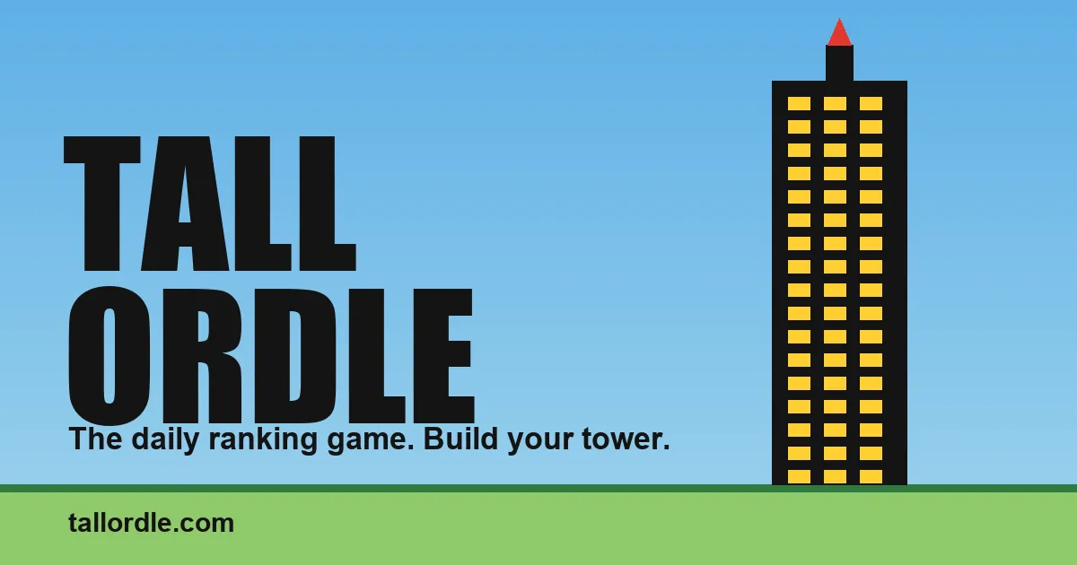 Tallordle's share image: the words Tall Ordle in tall black letters beside a lit skyscraper, with the line The daily ranking game. Build your tower.