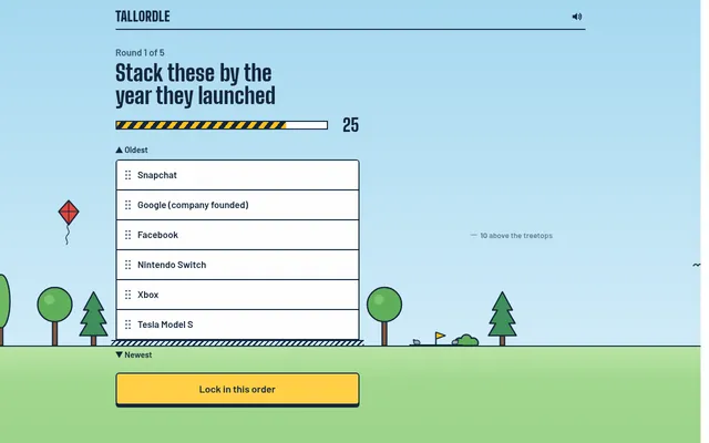 A Tallordle round in play: round 1 of 5, stack six things by the year they launched, from Snapchat to Tesla Model S, with the 30-second bar and a Lock in this order button