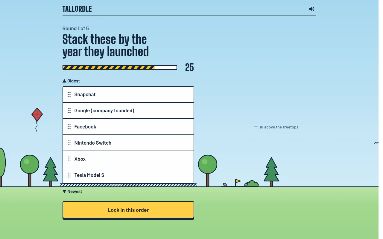 A Tallordle round in play: round 1 of 5, stack six things by the year they launched, from Snapchat to Tesla Model S, with the 30-second bar and a Lock in this order button