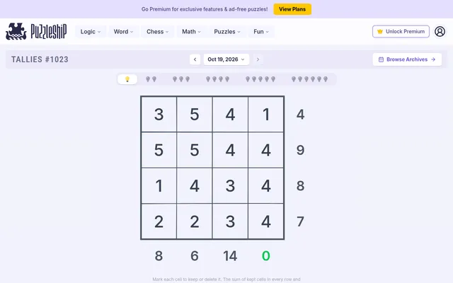Tallies #1023 of Oct 19, 2026 at desktop size: the very easy 4x4 grid of numbers with row targets 4, 9, 8, 7 and column targets 8, 6, 14, 0