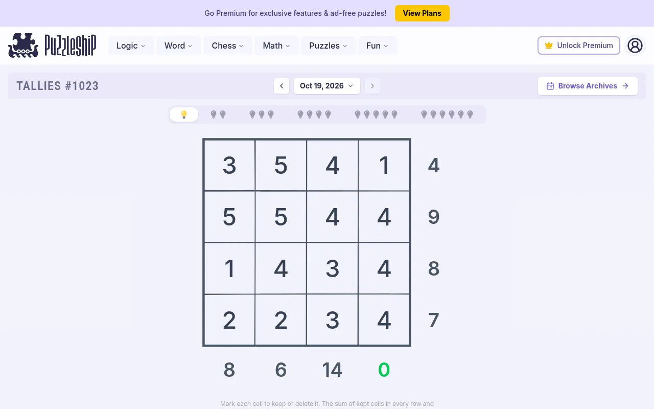 Tallies #1023 of Oct 19, 2026 at desktop size: the very easy 4x4 grid of numbers with row targets 4, 9, 8, 7 and column targets 8, 6, 14, 0