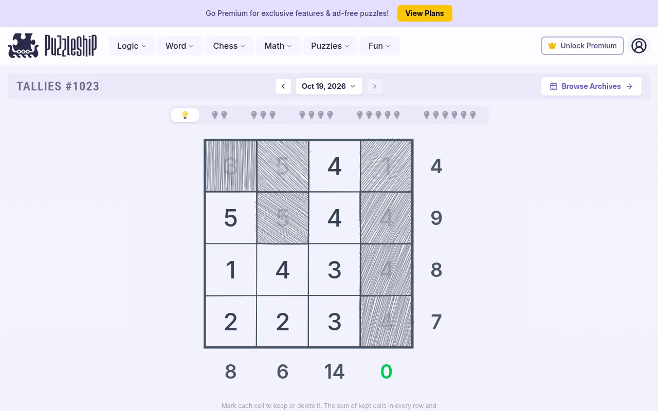 Tallies #1023 being played: deleted cells hatched in grey across the top row and the last column, kept numbers left plain
