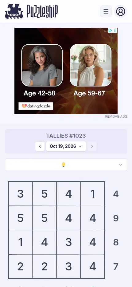 Tallies #1023 at phone size, with a display ad above the grid and its Remove Ads link
