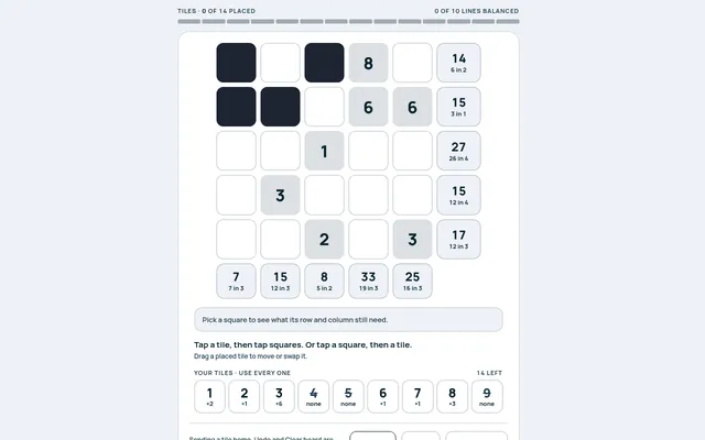 Tally on Mind Loft for October 29, 2026: a 5x5 grid with some filled and blacked-out squares, row and column targets showing what each still needs, and the rack of 14 tiles