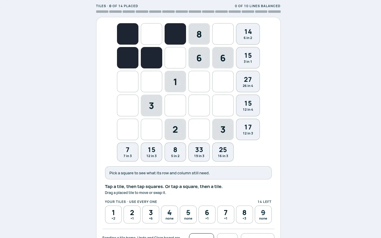 Tally on Mind Loft for October 29, 2026: a 5x5 grid with some filled and blacked-out squares, row and column targets showing what each still needs, and the rack of 14 tiles