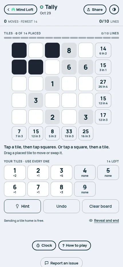 Tally for October 29, 2026 at phone size: the 5x5 grid with its targets, the tile rack, and the Hint, Undo and Clear board buttons