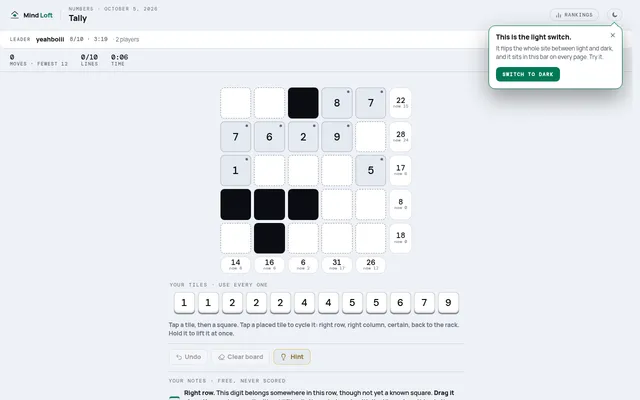 Tally on Mind Loft for October 5, 2026: a five by five grid with some number tiles placed and some black squares, row and column targets at the edges, and the rack of twelve tiles below