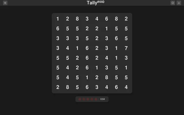 Tally #440: an 8 by 8 grid of digits to split into groups that add up to ten, with five mistake markers and a timer below