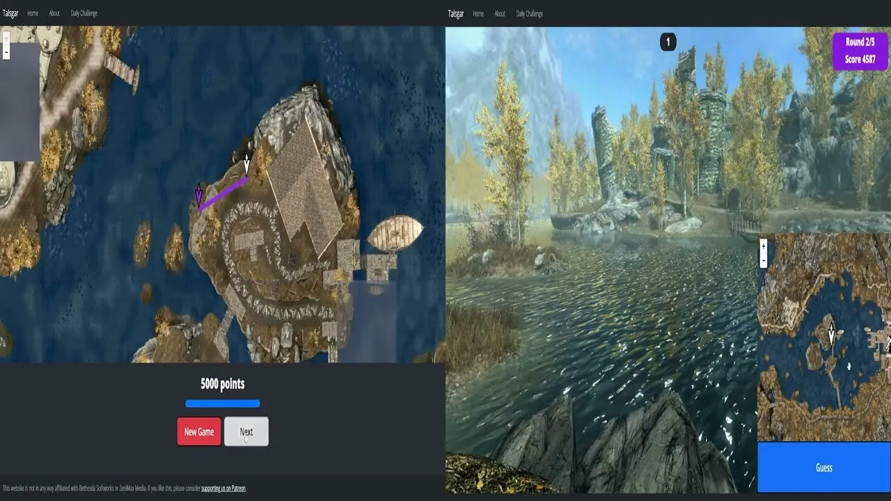 Talsgar being played: a Skyrim riverside panorama with the map and Guess button on the right, and a round result of 5000 points on the Skyrim map on the left