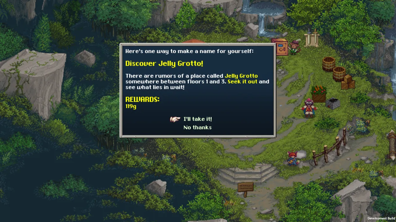 Tangledeep's 16-bit forest village with a quest window asking the player to discover Jelly Grotto