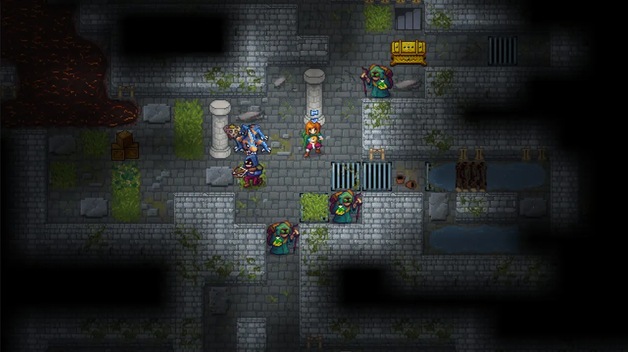 Tangledeep: the hero and a pet exploring a dark mossy dungeon floor with hooded enemies and a treasure chest