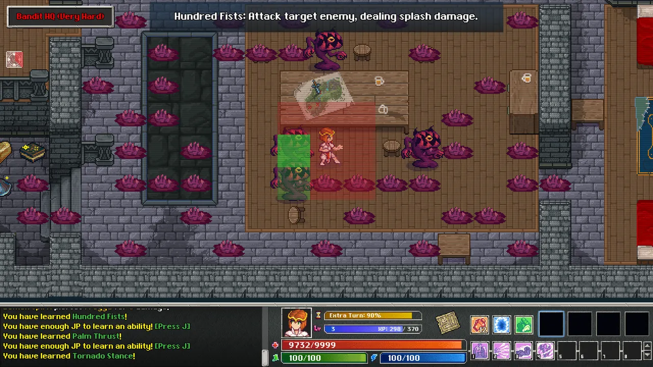 Tangledeep gameplay: a martial artist fighting purple plant monsters in a stone dungeon room, with the skill bar and message log below