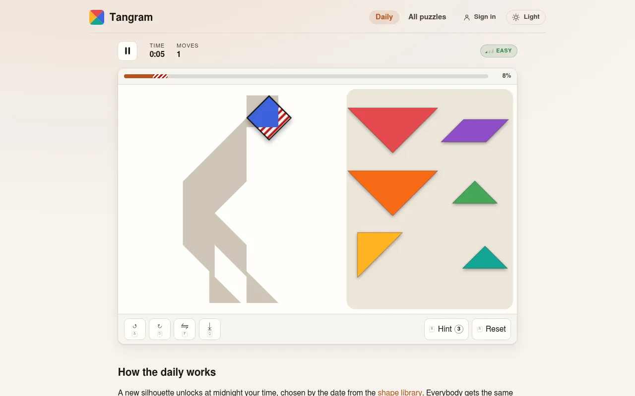 The Daily tangram board on 27 October 2026: an easy figure's grey silhouette on the left, the blue square dragged onto its head, and the other six coloured pieces in the tray