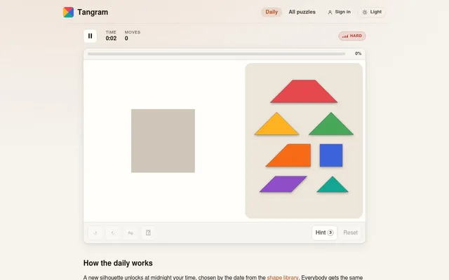 The Daily tangram board: a square silhouette marked hard on the left and the seven coloured pieces in the tray on the right, with the clock and move counter above