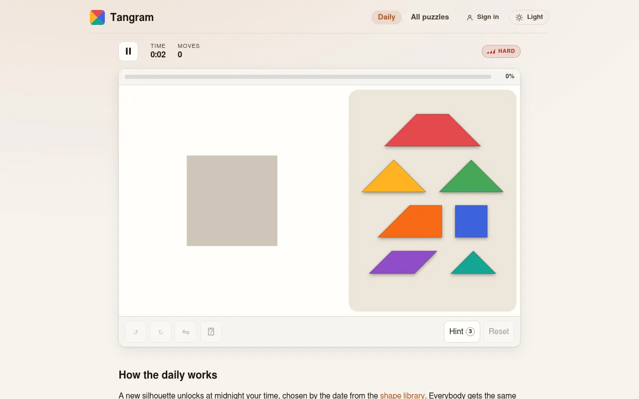 The Daily tangram board: a square silhouette marked hard on the left and the seven coloured pieces in the tray on the right, with the clock and move counter above