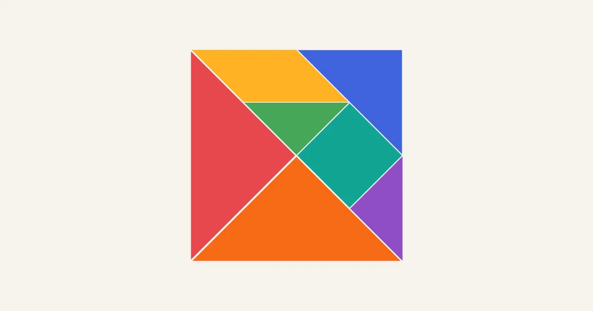 The seven Tangram pieces in red, orange, yellow, green, teal, blue and purple arranged into a square