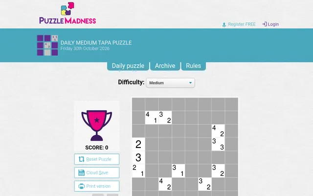 The Daily Medium Tapa page on PuzzleMadness for Friday 30 October 2026, with the 8x8 grid of grey cells and white clue cells beside the score panel