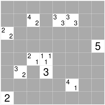 Today's Medium Tapa on PuzzleMadness for 3 October 2026: an 8x8 grid of grey cells with white clue cells holding one or two numbers