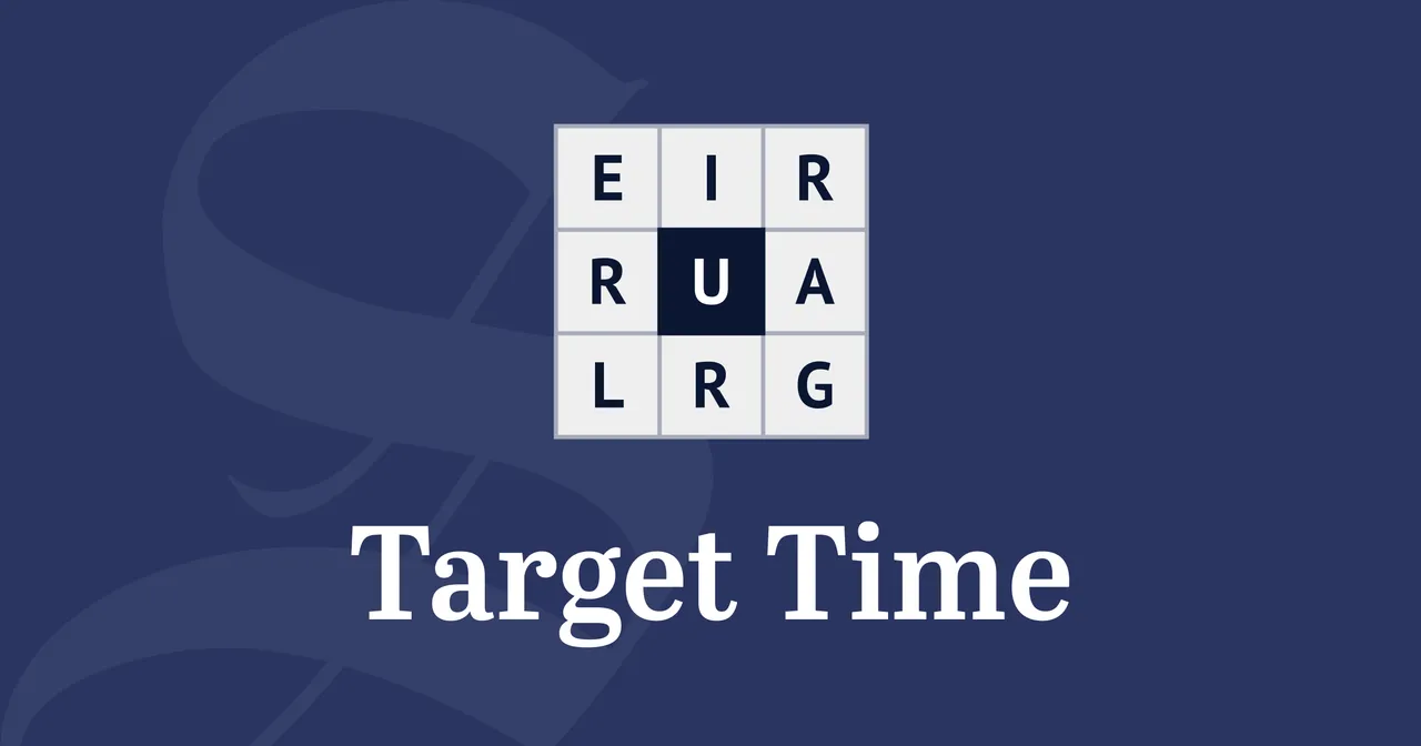 The Target Time card: a nine-letter grid with the centre letter shaded