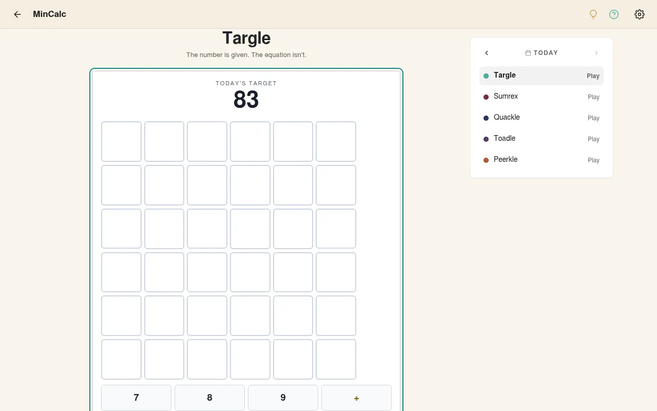 Targle daily board: today's target 83 above an empty six-by-six grid and the keypad, beside MinCalc's list of the day's puzzles