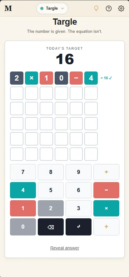 Targle at phone size: today's target 16 above a six-row grid, the first row filled with 2x10-4, and a keypad of digits and the four operators below