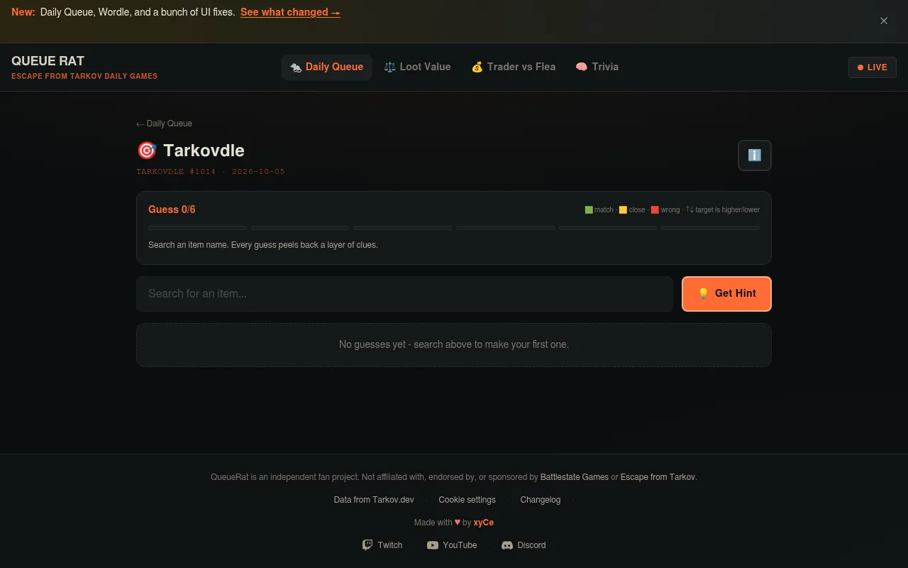 Tarkovdle #1014 for 2026-10-05 on QueueRat: Guess 0 of 6 with a match, close and wrong key, a search box for an item and a Get Hint button