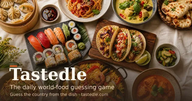 Tastedle share art: dumplings, sushi, tacos, paella, curry and naan on a table under the words Tastedle, the daily world-food guessing game
